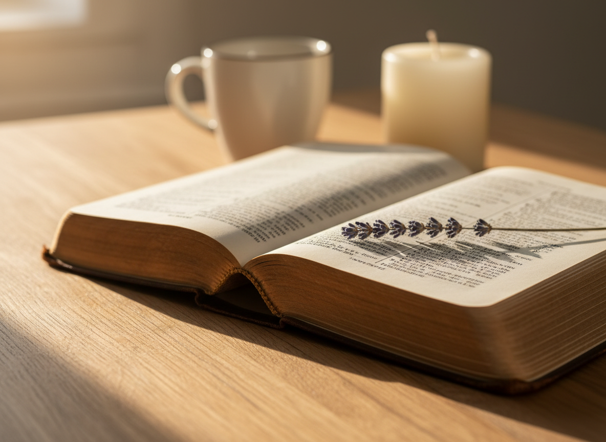 A well-loved leather Bible, its soft brown cover slightly worn at the corners, lies open on a natural oak table, pages gently curved as if recently read. A single delicate sprig of lavender rests across the margin near Psalms, suggesting quiet meditation. Soft morning sunlight pours in from an unseen window to the left, casting warm, elongated shadows and a gentle glow along the gilded page edges. In the blurred background, a simple ceramic mug and an unlit candle sit on the table. Photographic realism, eye-level composition with shallow depth of field, creating a serene, sophisticated, and contemplative atmosphere that invites slow, prayerful reflection on Scripture.