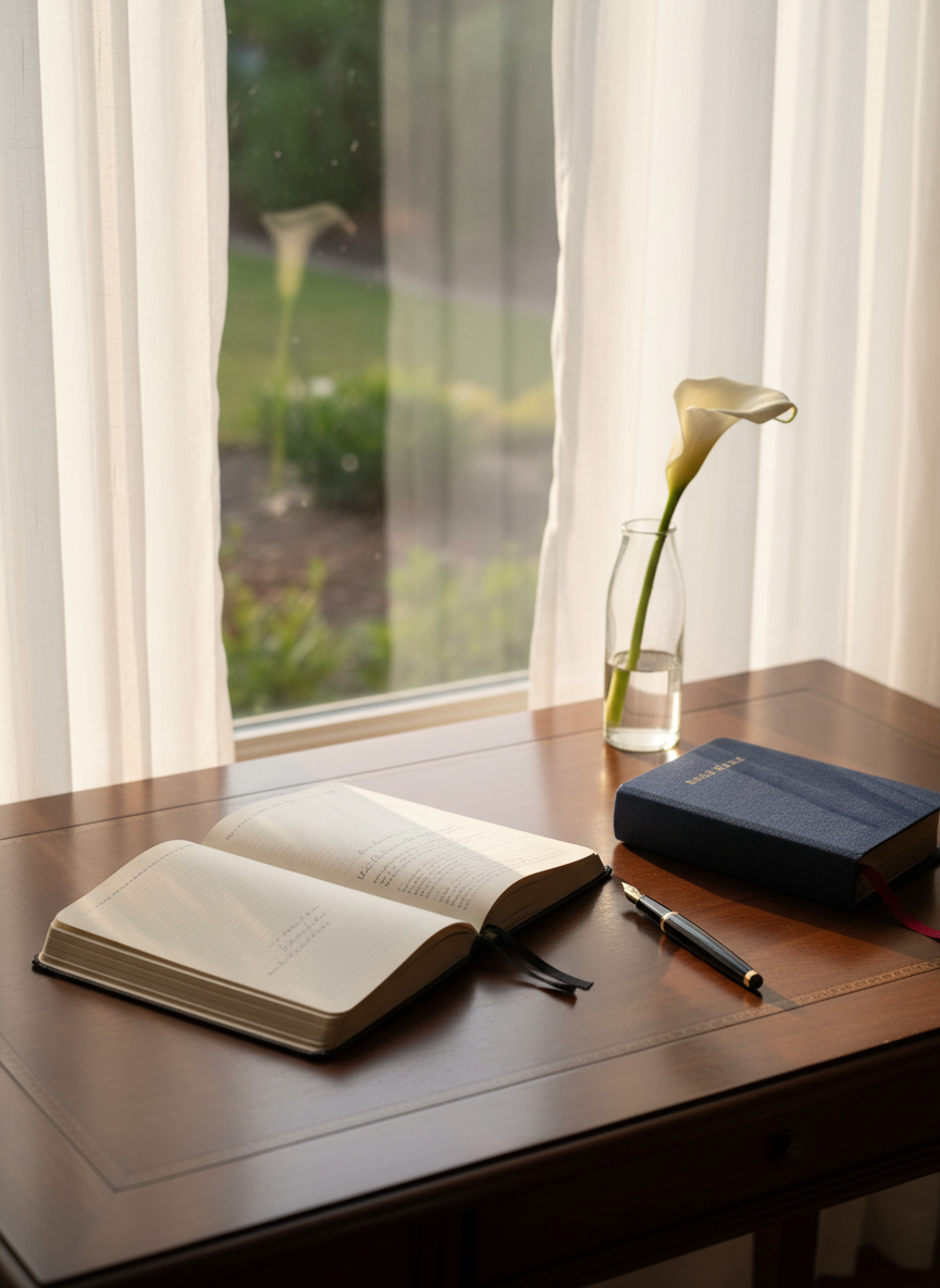 An elegant wooden writing desk stands near a large window draped with sheer white curtains, overlooking a faintly visible garden bathed in early evening light. On the desk, a linen-covered journal lies open beside a neatly arranged fountain pen and a closed, cloth-bound Bible with a satin ribbon marker. A small glass vase holds a single white flower, adding quiet beauty. Golden hour sunlight streams through the curtains, diffused and gentle, creating soft highlights on the journal’s textured pages and subtle shadows across the desk. Photographic realism, shot from a three-quarter angle with a balanced composition, conveying a peaceful, intimate setting for Scripture reflection, journaling prayers, and unhurried time with God.