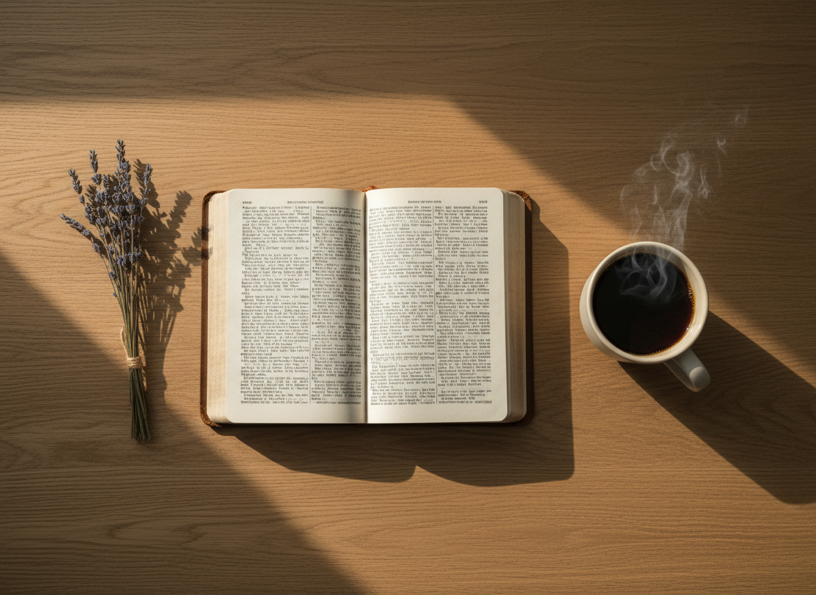 An open leather Bible resting on an oak table beside a warm cup of coffee in a cream mug, lit by soft morning light.
